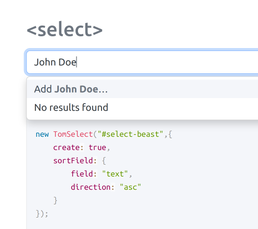 Capture d'écran de l'usage de Tom Select