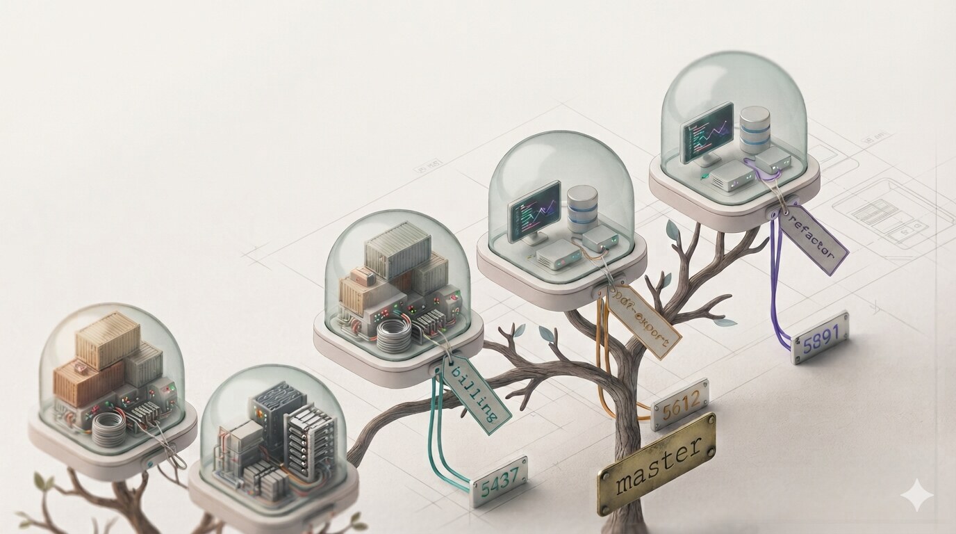 Illustration isométrique : trois environnements de développement miniatures sous cloche de verre, greffés sur les branches d'un même arbre étiqueté master, chacun relié par un câble de couleur à une plaque de port numérotée